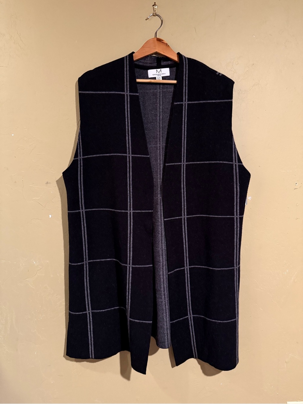 Magaschoni Long Sweater Vest Open Window Pane Plaid Black Size 1X